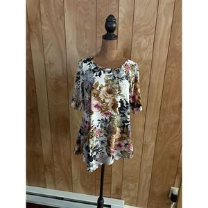 Star Vixen Womens Floral Sharkbite Tunic Top Pink Tan Asymmetrical Hem Med